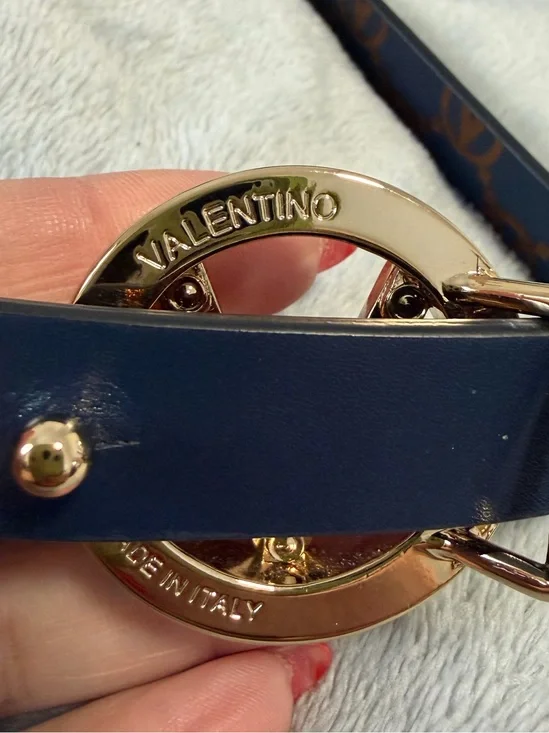 Valentino Gold V Logo Buckle Leather Belt - Black with Brown Pattern